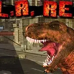 En Tyrannosaurus rex med gapande mun framför en stadsmiljö, med texten L