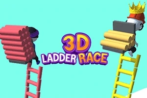 Två tecknade figurer klättrar på stegar med buntar av block på ryggen, och en figur bär en krona, med orden 3D Ladder Race i mitten
