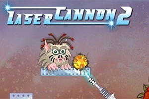 En animerad varelse med stora ögon och spretigt hår står på en plattform bredvid en laserkanon, med texten Laser Cannon 2 ovanför