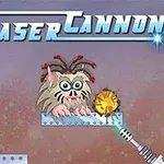 En animerad varelse med stora ögon och spretigt hår står på en plattform bredvid en laserkanon, med texten Laser Cannon 2 ovanför