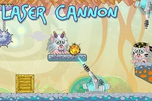 Ett färgglatt spel med två tecknade monster, en laserkanon och olika plattformar
