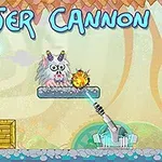 Ett färgglatt spel med två tecknade monster, en laserkanon och olika plattformar