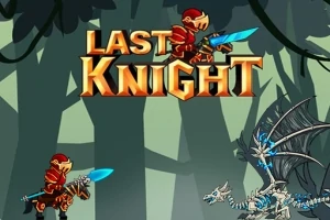 Röd riddare med ljusblått svärd står inför ett drakskelett i en skog, med texten Last Knight ovanför