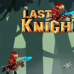 Röd riddare med ljusblått svärd står inför ett drakskelett i en skog, med texten Last Knight ovanför