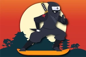 Ninja på en skateboard med bakgrund av en orange solnedgång och silhuetter av träd och byggnader