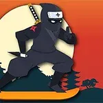 Ninja på en skateboard med bakgrund av en orange solnedgång och silhuetter av träd och byggnader