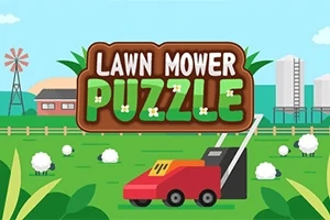 En bild med en röd gräsklippare på ett grönt fält med vita får och en skylt med texten Lawn Mower Puzzle i bakgrunden