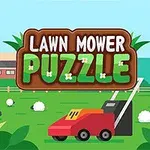 En bild med en röd gräsklippare på ett grönt fält med vita får och en skylt med texten Lawn Mower Puzzle i bakgrunden
