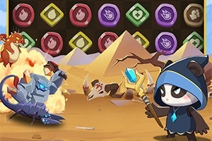 Tecknade djurfigurer strider i en öken med pyramider i bakgrunden, medan en magiker med huva och stav står vid sidan