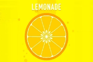 En gul bakgrund med en illustration av en citronskiva och texten LEMONADE ovanför
