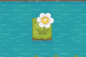 Vit blomma med ansikte på gröna blad i en blå flod