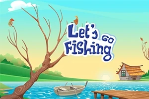 En tecknad båt i en sjö, med en brygga, ett träd och en stuga mot en solnedgångsbakgrund med texten Lets go fishing