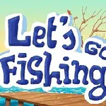 En tecknad båt i en sjö, med en brygga, ett träd och en stuga mot en solnedgångsbakgrund med texten Lets go fishing