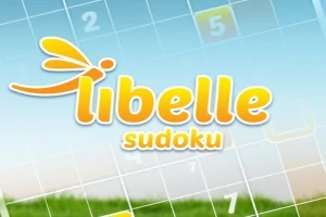 Libelle sudoku-logotypen mot en sudokubräde-bakgrund med siffror och en himmel med gräs i nederkant