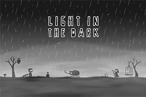 Svartvit scen med silhuetter av figurer, träd och regn, samt texten Light in the Dark i himlen