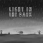 Svartvit scen med silhuetter av figurer, träd och regn, samt texten Light in the Dark i himlen