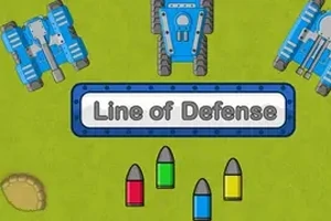 Tre blå stridsvagnar omger texten Line of Defense med fyra färgade projektiler nedanför på en grön bakgrund