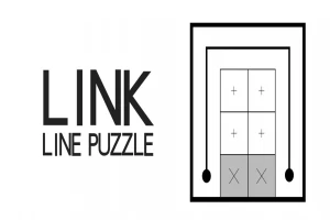 Texten LINK LINE PUZZLE med ett pusselrutnät som visar rutor med plus- och kryssymboler inuti en ram med linjer och cirklar