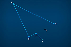 Blå bakgrund med numrerade punkter som är förbundna med linjer i en geometrisk form