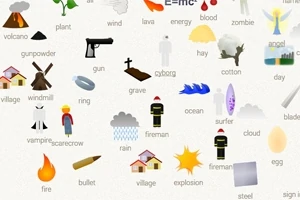 En bild med olika ikoner och symboler för element som eld, vind, lava, pistol och moln på en ljus bakgrund