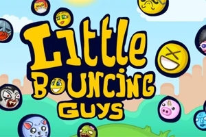Tecknad bild med titeln Little Bouncing Guys omgiven av olika tecknade ansikten mot en himmel och landskap i bakgrunden