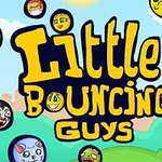 Tecknad bild med titeln Little Bouncing Guys omgiven av olika tecknade ansikten mot en himmel och landskap i bakgrunden
