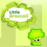 En tecknad grön broccoli med stora ögon och texten Little Broccoli mot en grön bakgrund