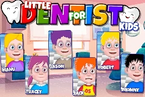 Tecknad bild med färgglada karaktärer och texten Little Dentist for Kids i en tandläkarmiljö
