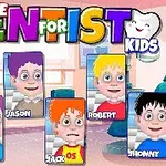 Tecknad bild med färgglada karaktärer och texten Little Dentist for Kids i en tandläkarmiljö
