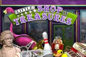 En färgglad skylt med texten Little Shop of Treasures ovanför ett collage av olika föremål som en flamingo, Beethoven-byst, bowlingkägla, nötknäpparen och en dragspel