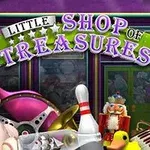 En färgglad skylt med texten Little Shop of Treasures ovanför ett collage av olika föremål som en flamingo, Beethoven-byst, bowlingkägla, nötknäpparen och en dragspel