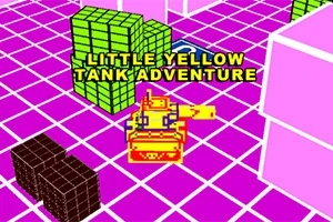 En gul tank på ett rutnät med färgglada kuber och texten LITTLE YELLOW TANK ADVENTURE