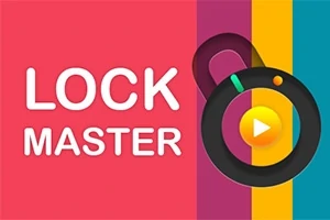 Färgglatt grafiskt lås på en bakgrund med texten LOCK MASTER