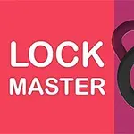Färgglatt grafiskt lås på en bakgrund med texten LOCK MASTER