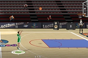 En tecknad basketspelare i gröna kläder kastar en boll mot en korg på en tom baskethall med tomma läktare i bakgrunden