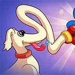 En tecknad bild med en hund med ett långt böjligt noshorn och en blå figur med gul krona och röda boxhandskar