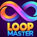 Ett färgglatt infinity-symbol på en mörk bakgrund med texten Loop Master i gula och blå bokstäver under
