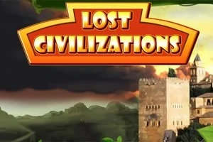 Texten Lost Civilizations i ett orange och gult band med ett landskap och en fästning i bakgrunden
