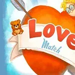Ett stort rött hjärta med texten Love Match, prydd med en pil och en nalle, samt två tecknade keruber