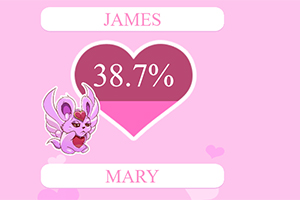Rosa bakgrund med ett hjärta i mitten som visar 38,7%, omgiven av namnen James och Mary samt en tecknad rosa kaninfigur