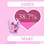 Rosa bakgrund med ett hjärta i mitten som visar 38,7%, omgiven av namnen James och Mary samt en tecknad rosa kaninfigur