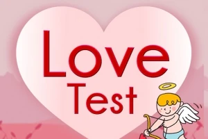 Stor rosa hjärta med texten Love Test och en tecknad ängel med pilbåge i hörnet