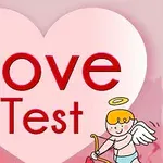Stor rosa hjärta med texten Love Test och en tecknad ängel med pilbåge i hörnet