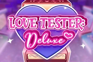Ett stort lila hjärta med texten Love Tester: Deluxe i rosa och vitt framför en färggrann bakgrund