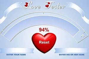 Design med kärlekstema med en röd hjärta som visar 94% och ordet Reset, samt fält för att ange namn