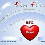 Design med kärlekstema med en röd hjärta som visar 94% och ordet Reset, samt fält för att ange namn