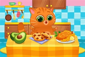 En tecknad orange katt med stora ögon sitter vid ett köksbord med en gul duk, omgiven av avokado, bakverk och en tallrik med mat