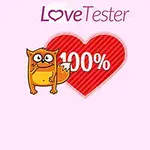 Tecknad orange kattfigur bredvid ett rött hjärta med texten 100% på en rosa bakgrund, med texten Love Tester ovanför
