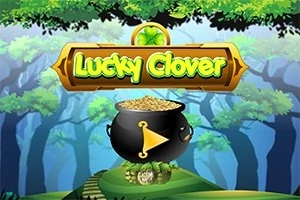 En kittel fylld med guld under en skylt med texten Lucky Clover mot en bakgrund av en förtrollande skog