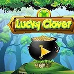 En kittel fylld med guld under en skylt med texten Lucky Clover mot en bakgrund av en förtrollande skog